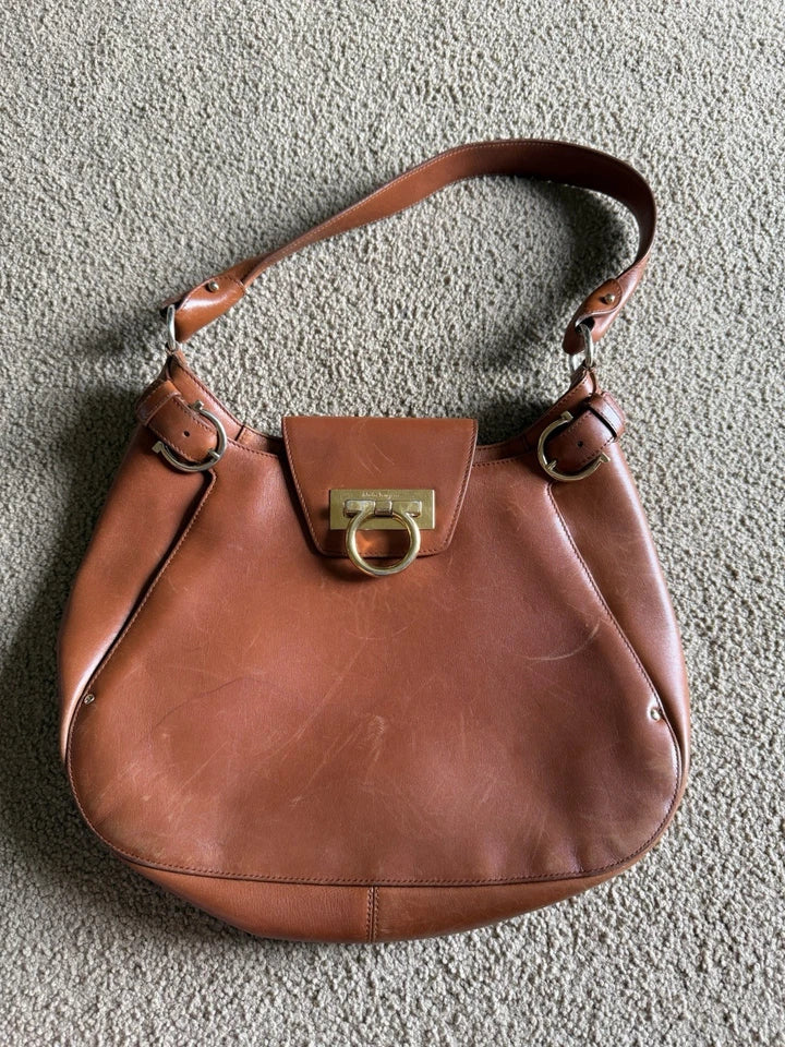Pre Loved Salvatore Ferragamo Brown Leather Gancini Shoulder Hobo Bag As Is