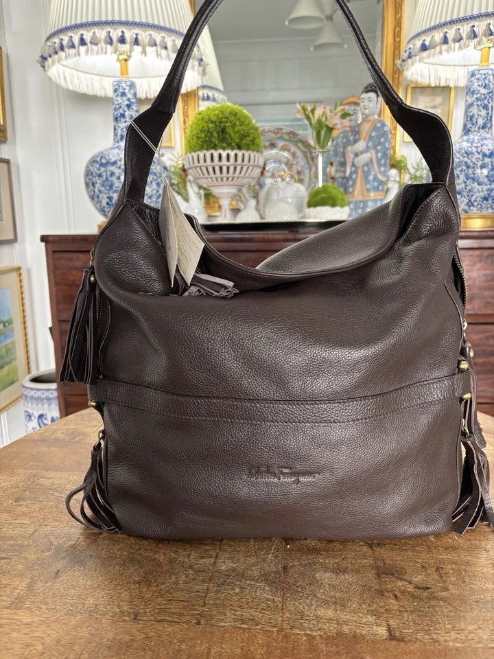 New With Tags Salvatore Ferragamo Brown Hobo Slouch Bag With Leather Tassels