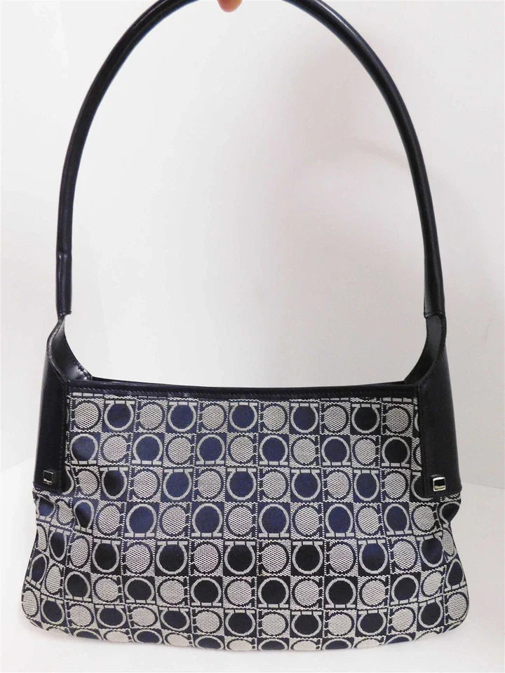 Salvatore Ferragamo Navy Blue Gray Logo Canvas Leather Small Hobo Shoulder Bag