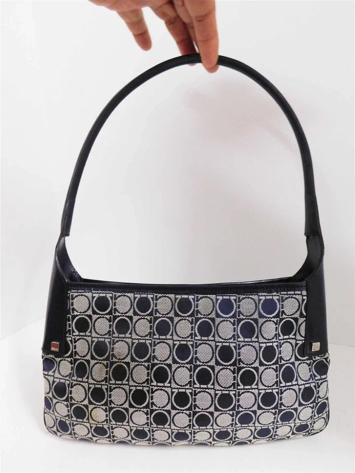 Salvatore Ferragamo Navy Blue Gray Logo Canvas Leather Small Hobo Shoulder Bag
